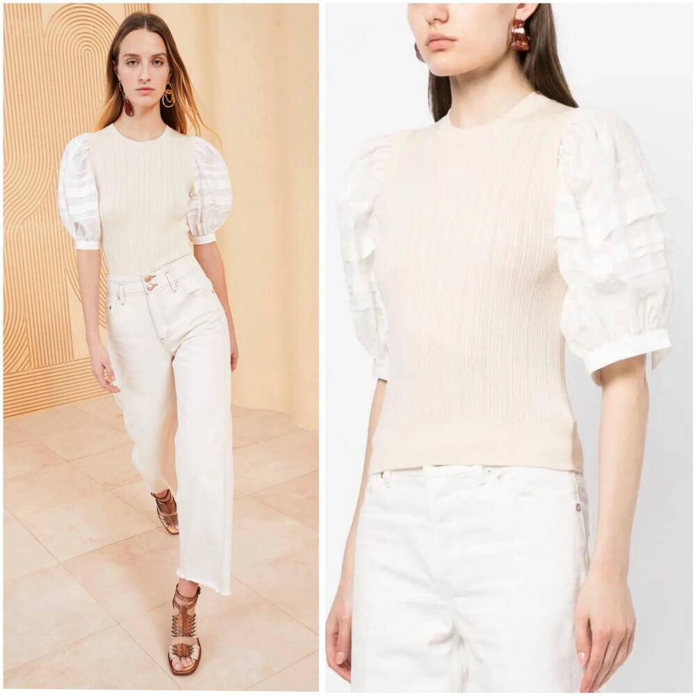 Ulla Johnson Rosalie Puff-sleeve Combo Top Tan White XL